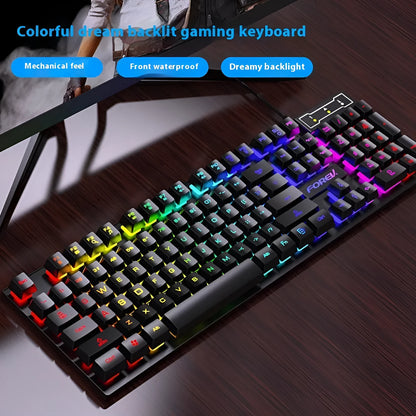 Black portable gaming keyboard with 104 keys and backlight illumination next to matching mouse