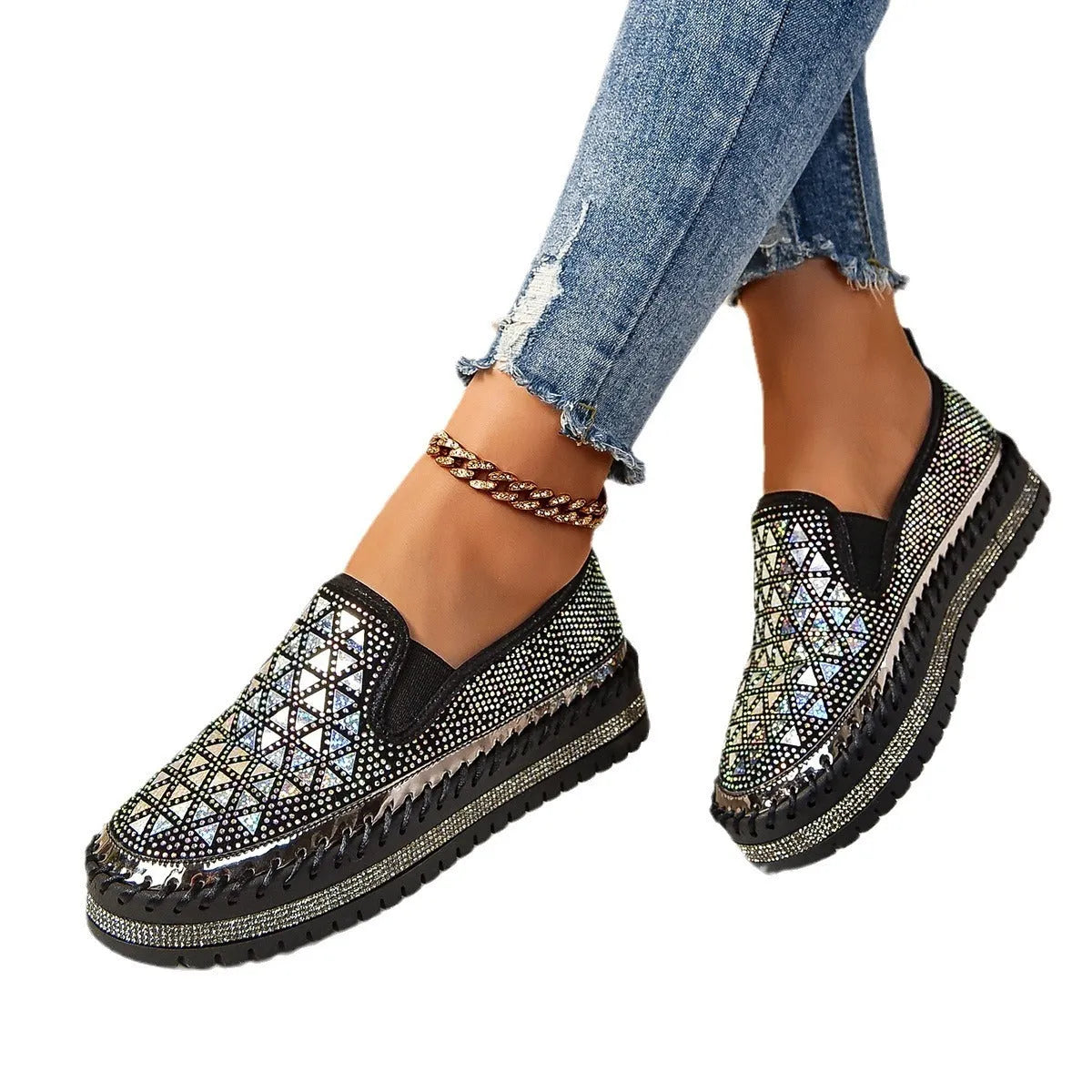 Women's casual suede flat sneakers with floral pattern and rhinestone sequin detail, low top, round toe, black beige or yellow