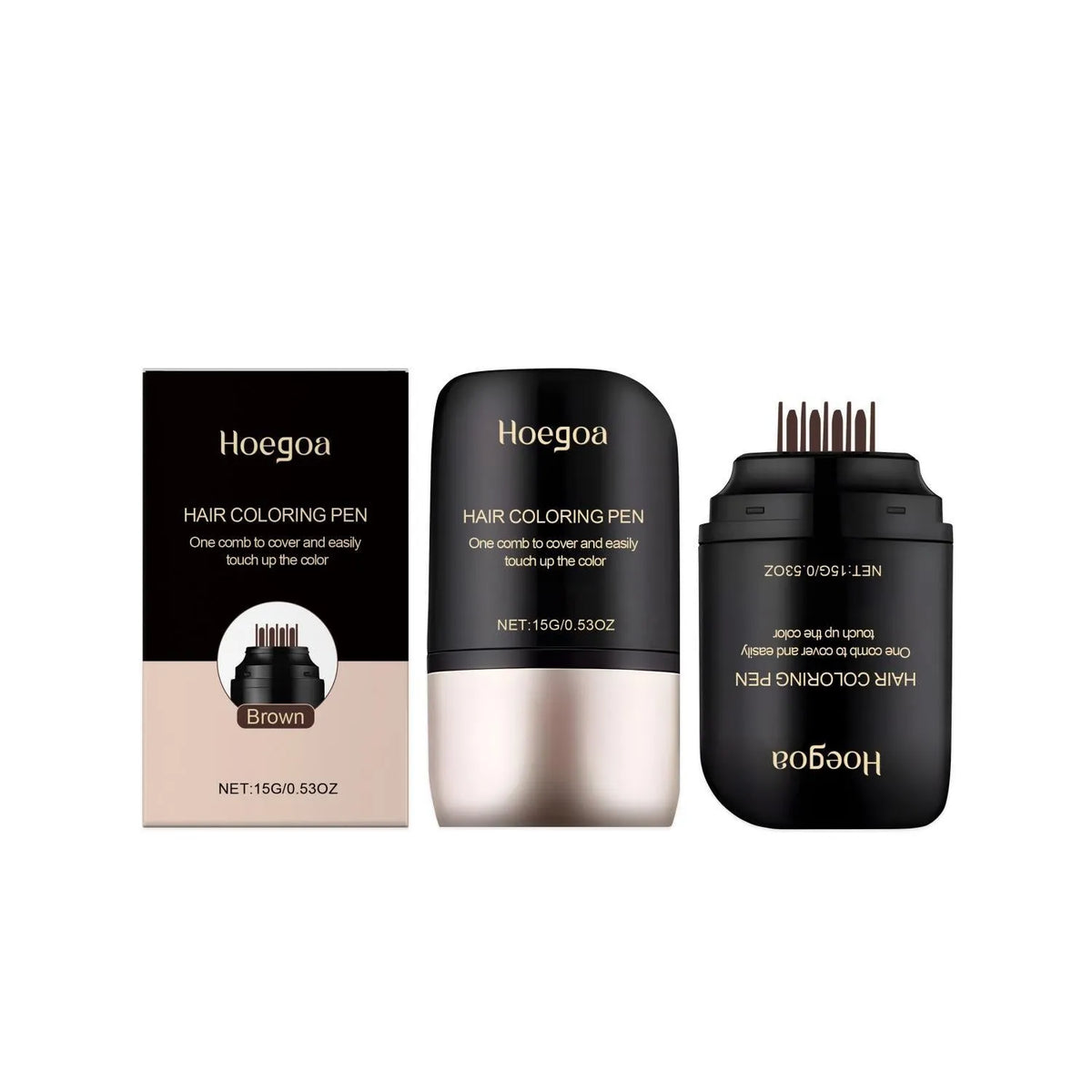 Instant hair dyeing and makeup pen in black and brown colours showing 5.53 cm width and 9.75 cm height