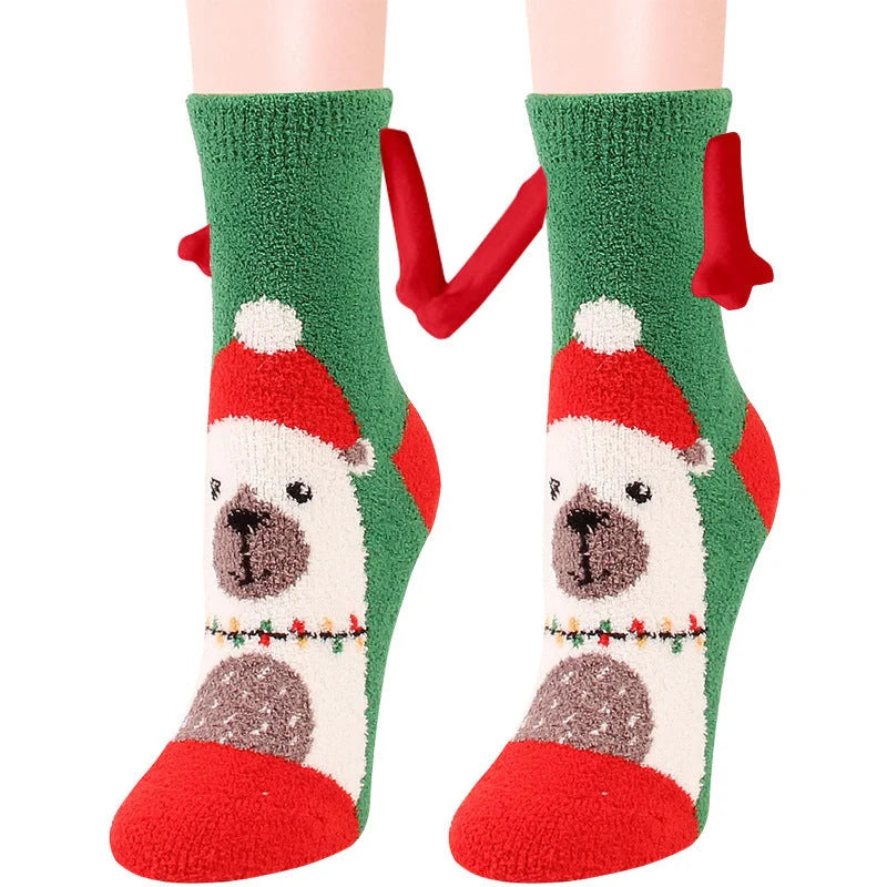 Christmas couple socks with magnetic suction feature for hand holding, in various animal patterns