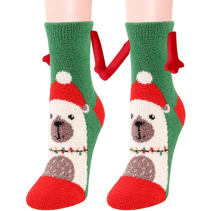 Christmas couple socks with magnetic suction feature for hand holding, in various animal patterns