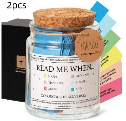 Glass Bible verses jar with cartoon design containing 90 rolled scripture papers in multiple colour options