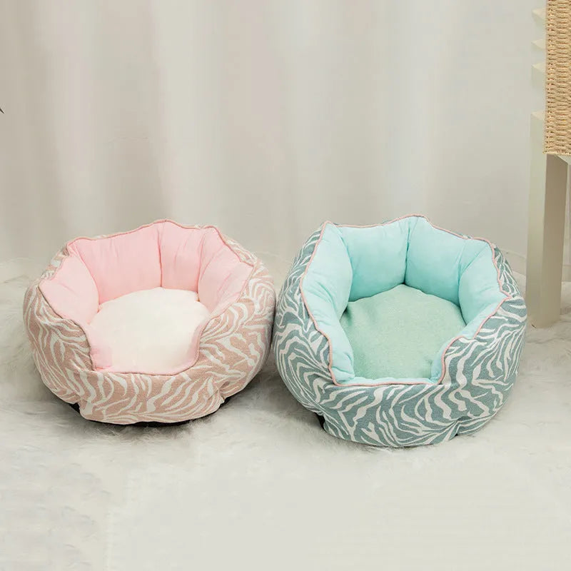 Octagonal fabric pet bed for small dogs and cats with a removable centre mat