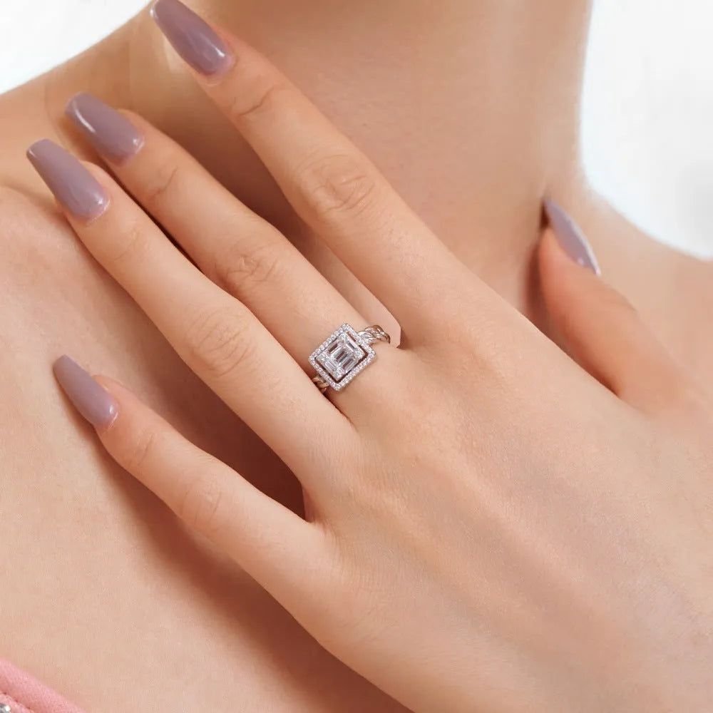 S925 sterling silver women's open ring with belt chain design, full diamond inlay, platinum white diamond colour, adjustable opening