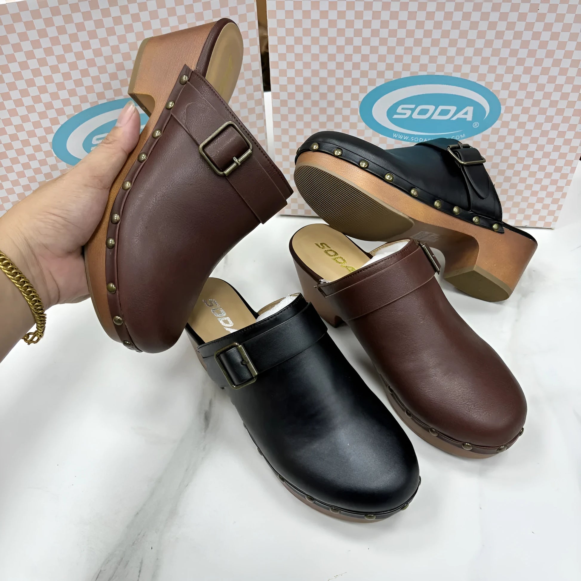 Retro chunky heel closed toe slippers with rivet detail in black microfiber and rubber sole