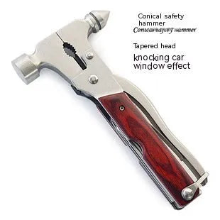 Solid steel 16-in-1 multi-function car safety hammer with window breaker, shown with its Oxford fabric storage pouch.