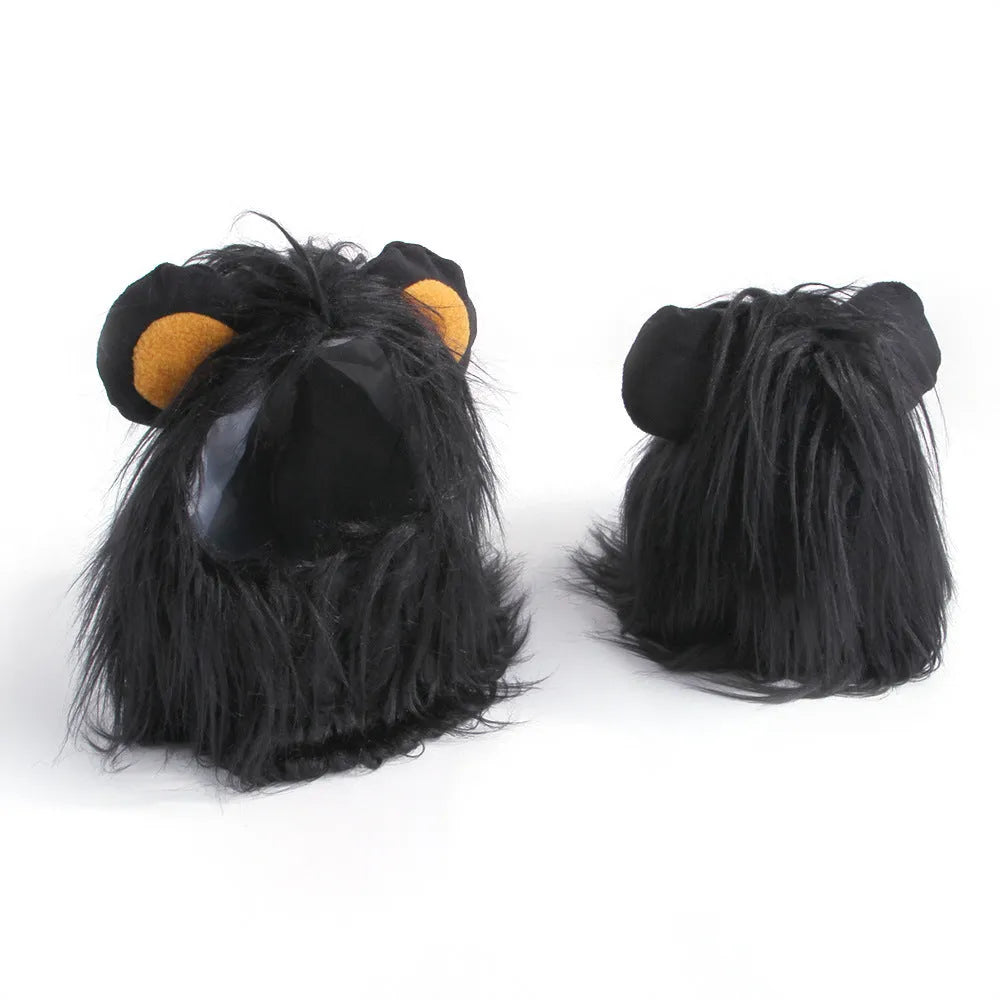 Black cat wearing lion headgear wig with adjustable elastic strap around head