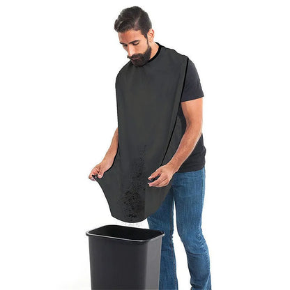 Professional transparent barber shaving cape with built-in tool tray and suction cup, shown in black.