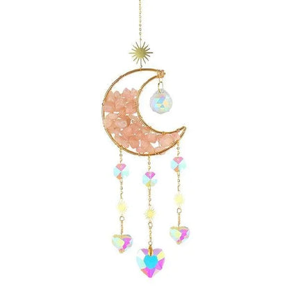 Moon-shaped K9 crystal car pendant with 420mm metal chain and 100mm diameter reflective centre in blue, green, pink, purple, or white