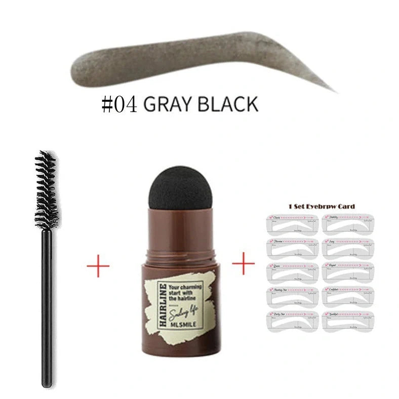 Eyebrow stamp kit with powder compact, air cushion applicator, 10 stencil cards, and dual-ended brow brush on white background