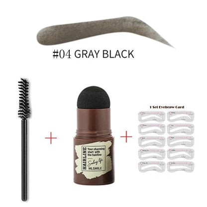 Eyebrow stamp kit with powder compact, air cushion applicator, 10 stencil cards, and dual-ended brow brush on white background