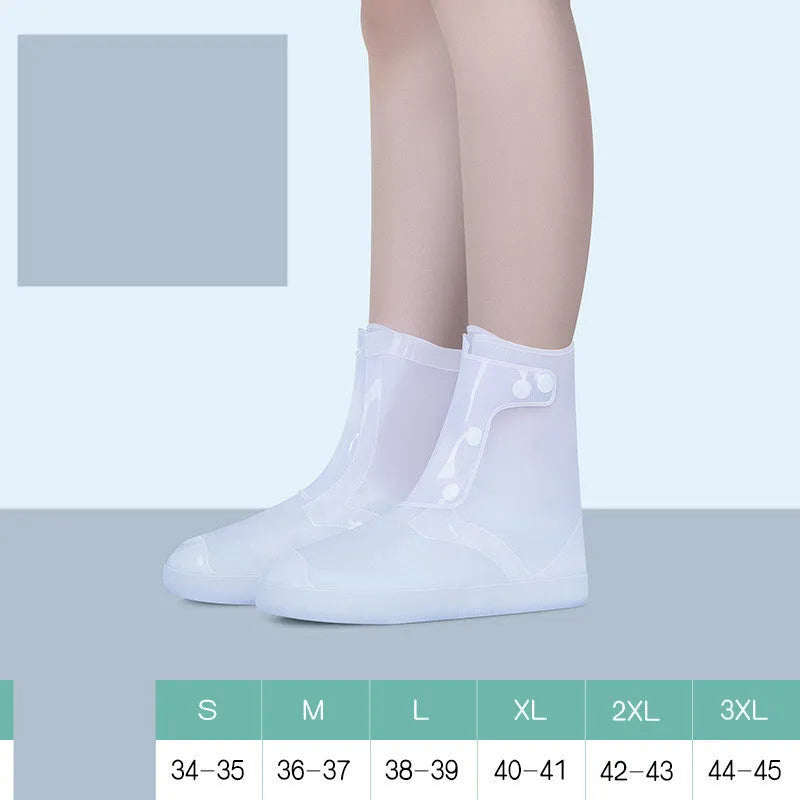 White high-top PVC waterproof shoe cover for women, shown on a foot.