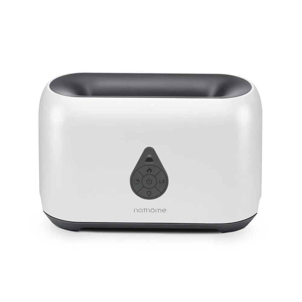 Mini remote control flame diffuser air humidifier, round plastic USB unit with 2-8 hour timer, shown in white, pink, green or grey
