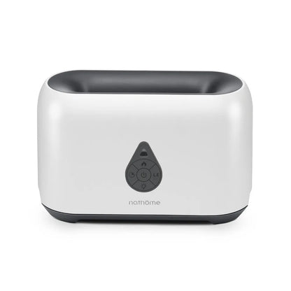 Mini remote control flame diffuser air humidifier, round plastic USB unit with 2-8 hour timer, shown in white, pink, green or grey
