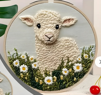 Sheep design embroidery pin punch craft kit with cloth materials and complete beginner set