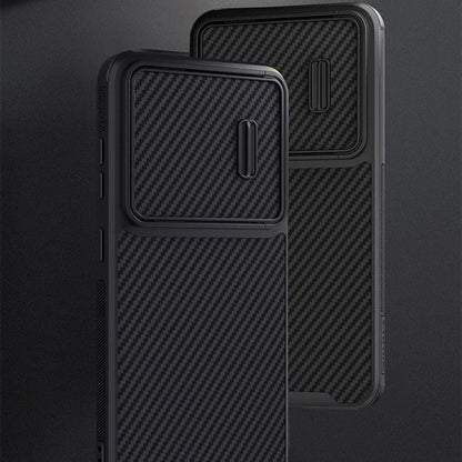 Black Samsung Galaxy S23 Ultra mobile phone case with integrated lens push cover made from TPU, PC, and carbon fibre.
