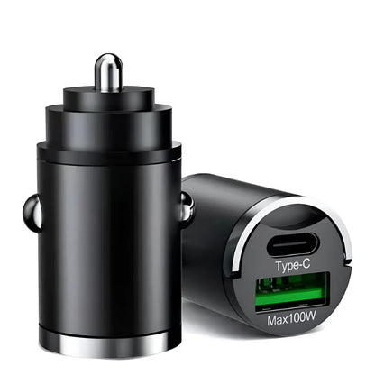 Black metal 100W car charger with invisible pull-tab design for vehicle USB charging