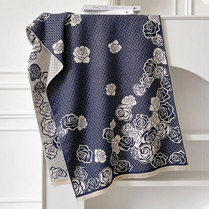 Cashmere-like winter scarf in grey, black, blue, or khaki with tassel details, shown flat to display its 185x65cm size.