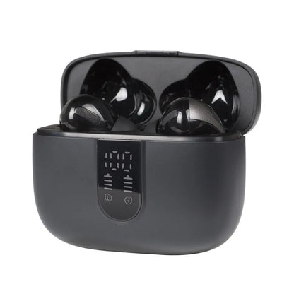 Jerry X08 wireless Bluetooth earbuds in charging case with digital battery percentage display.
