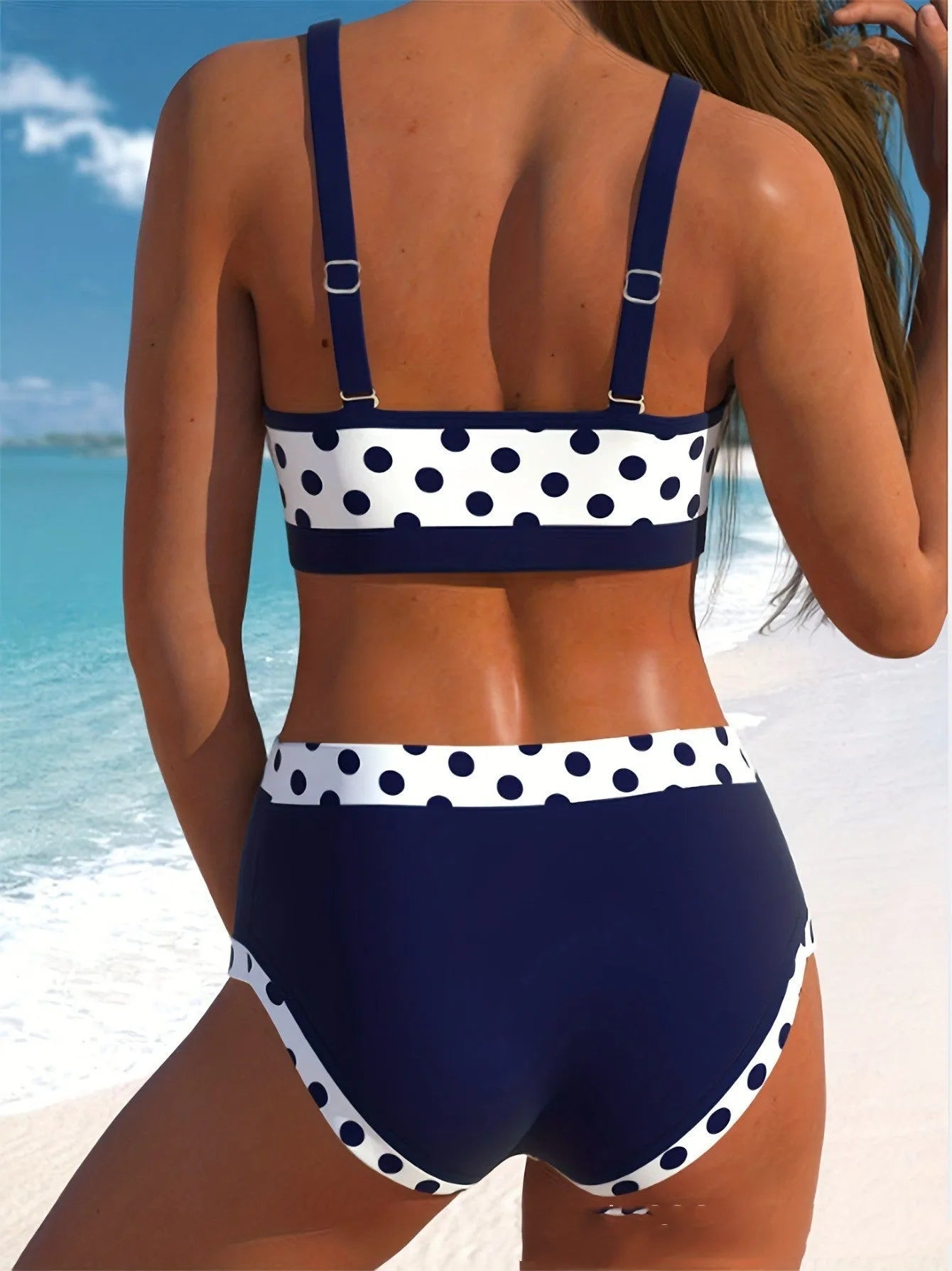 Multicolour small dot pattern polyester swim briefs in a conservative boxer cut.