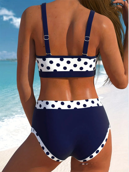 Multicolour small dot pattern polyester swim briefs in a conservative boxer cut.