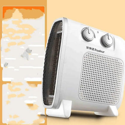 White electric heater fan with mechanical dial controls on a wooden floor.