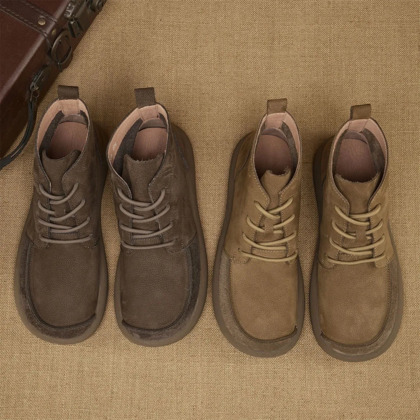 Grey and khaki genuine leather Martin boots with wedge heel and lace-up front