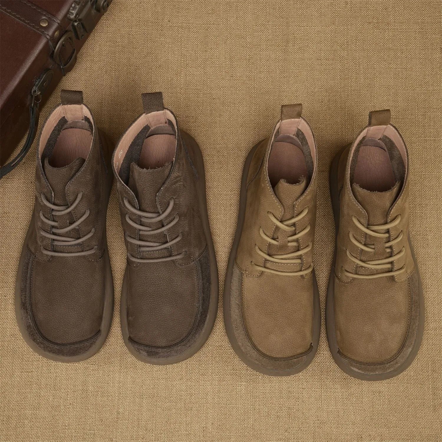 Grey and khaki genuine leather Martin boots with wedge heel and lace-up front