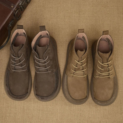 Grey and khaki genuine leather Martin boots with wedge heel and lace-up front