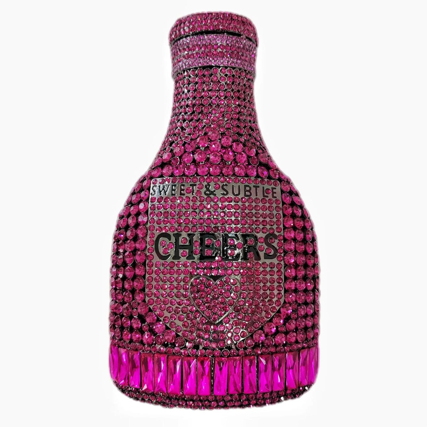 Gold hard-shell clutch bag shaped like a champagne bottle with a synthetic leather interior.