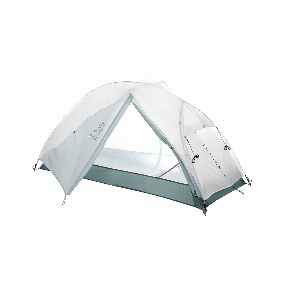 White double-layer camping tent with aluminium alloy poles and ventilation windows