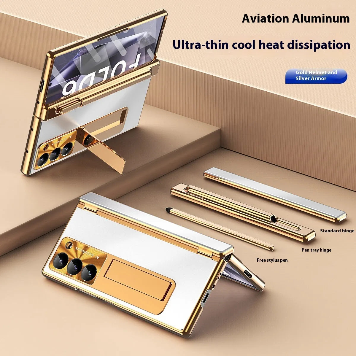 Aluminium alloy flip phone case for Samsung Z Fold 6 with magnetic suction and bracket in gold or black armour colour