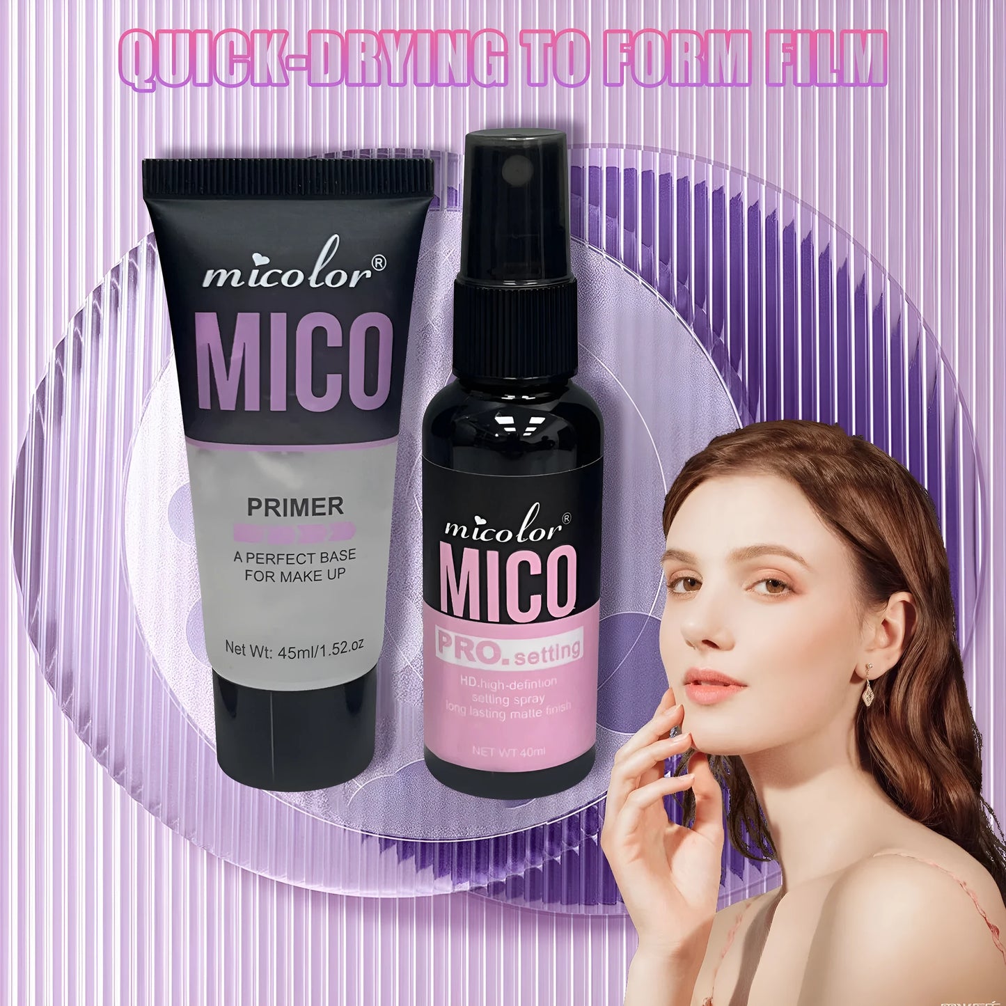 Monochrome makeup primer and setting spray duo bottles, 45ml and 40ml