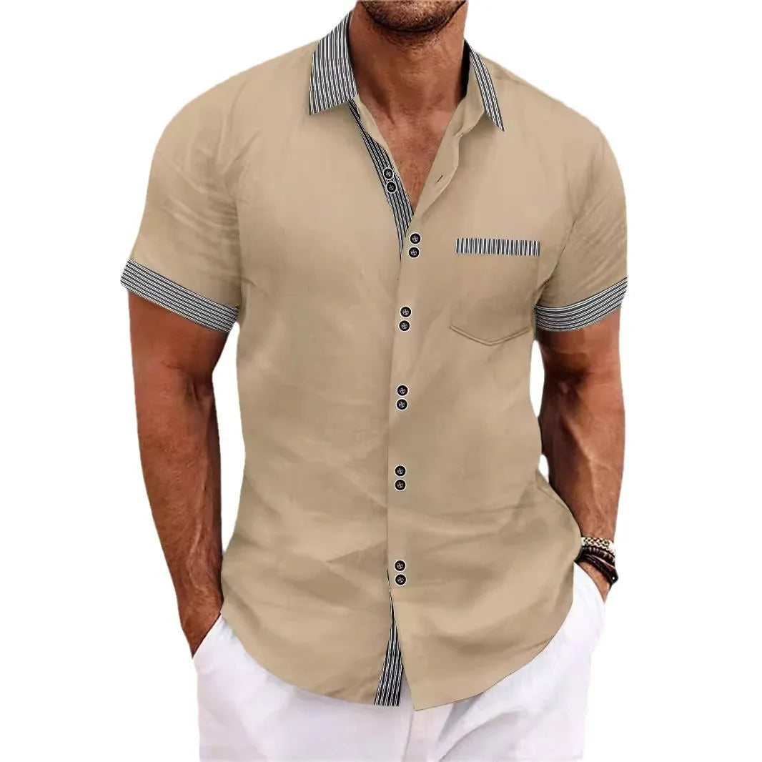 Men's slim fit striped casual shirt in pure cotton with double button short sleeves on a hanger