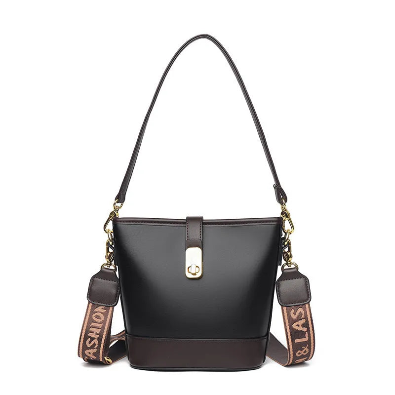 Soft black PU leather Korean style bucket bag with double shoulder straps and external pocket
