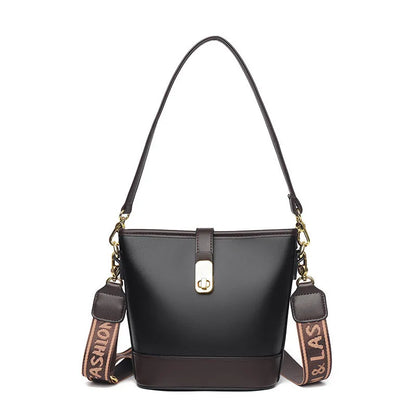 Soft black PU leather Korean style bucket bag with double shoulder straps and external pocket