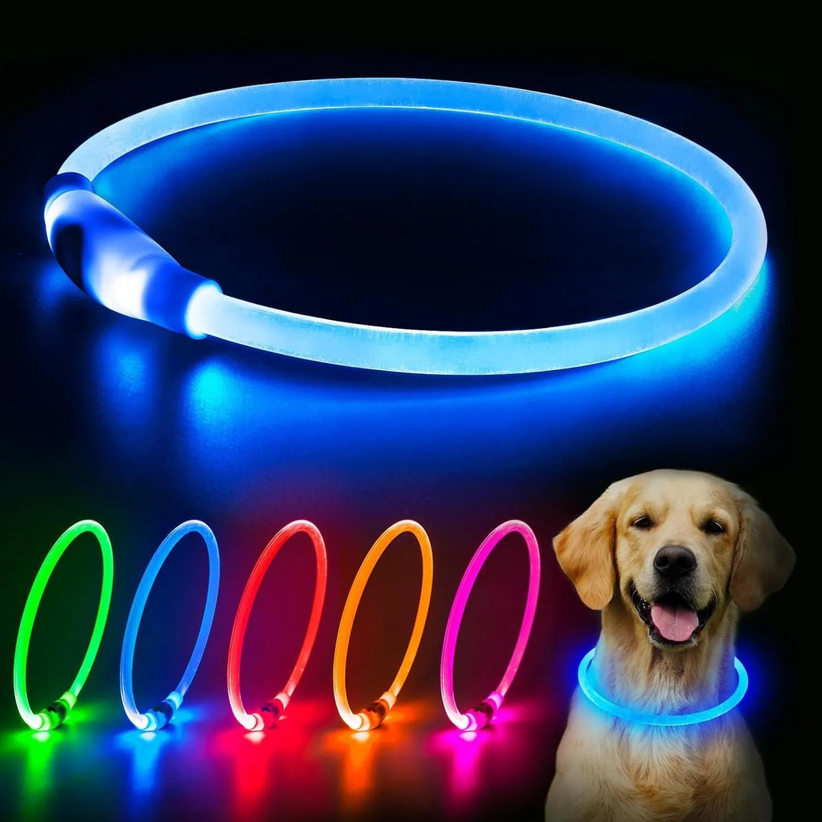 Blue USB rechargeable LED dog collar with glow lights, adjustable 70cm length for pet safety.
