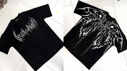 Man wearing a dark loose-fitting plus-size cotton short-sleeved T-shirt with gilding details.