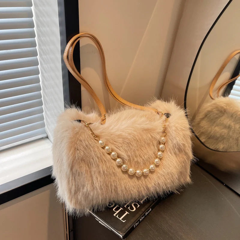 Autumn and winter plush pearl chain crossbody bag for women in various colours