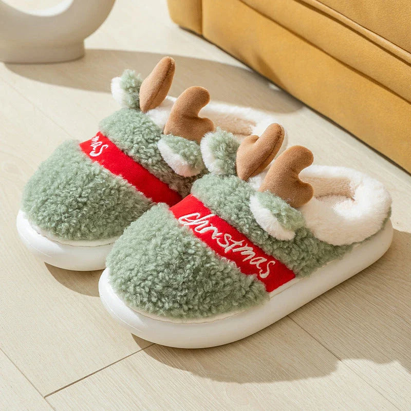 Cozy elk-themed winter home slippers in various candy colors with soft suede upper and supportive EVA sole