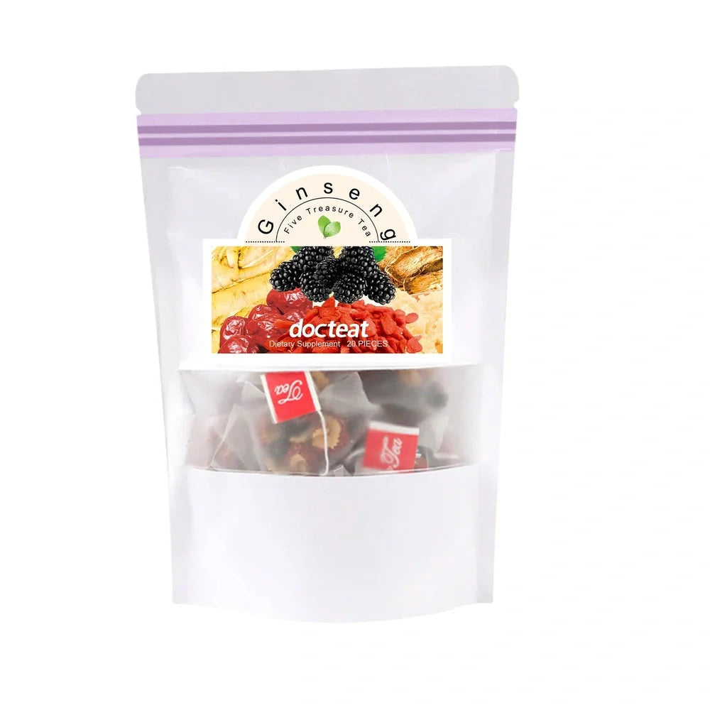 Ginseng Five Treasure Tea showing 20 individually wrapped tea bags with lycium barbarum, ginseng, and hawthorn ingredients