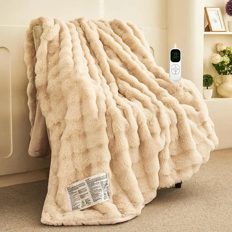 Dark grey far infrared electric heating blanket with carbon fibre elements on a double bed.