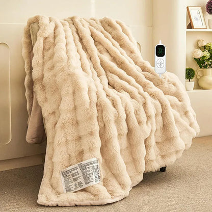 Dark grey far infrared electric heating blanket with carbon fibre elements on a double bed.
