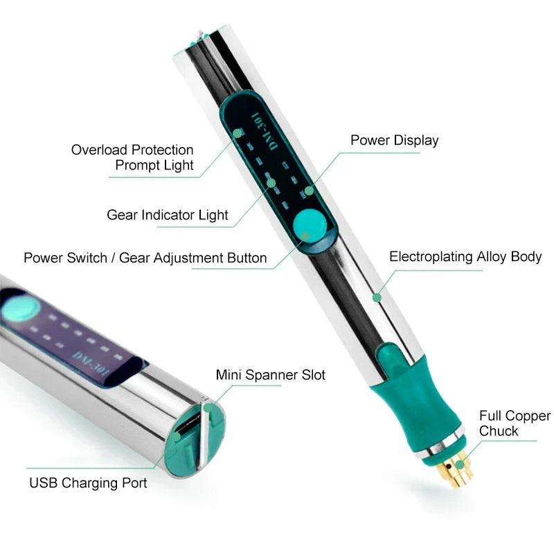 Versatile electric engraving pen with adjustable speed, mini grinder, and a variety of accessories for creative projects