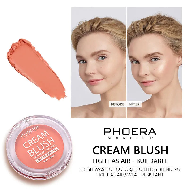 PHOERA Light and Brightening Blush Cream pot in one of eight colours: Freesia, Peach, Strawberry, Sunflower, Dusk, Sunset, Grape, or Berry.