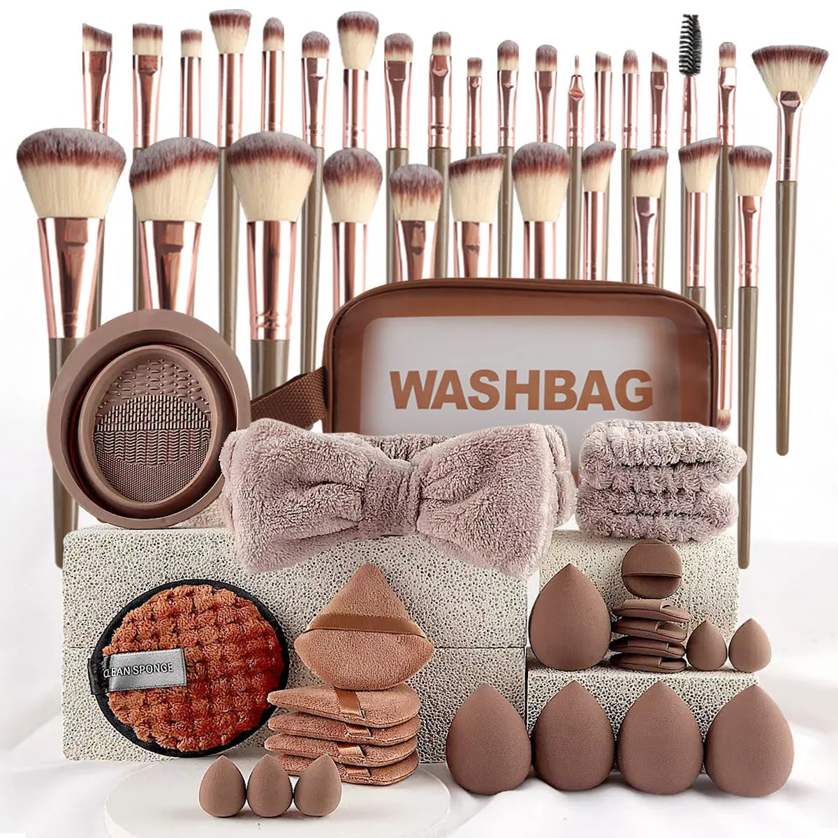 Beauty tool set with hydrophilic non-latex tools for facial cleansing and makeup application in various colours