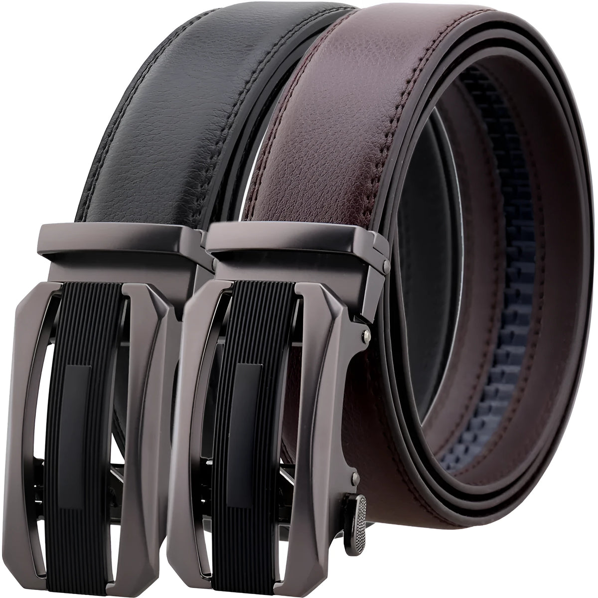 Men's alloy click belt with matte gun rectangular buckle and two-layer cowhide strap in black or brown, 110-130cm.