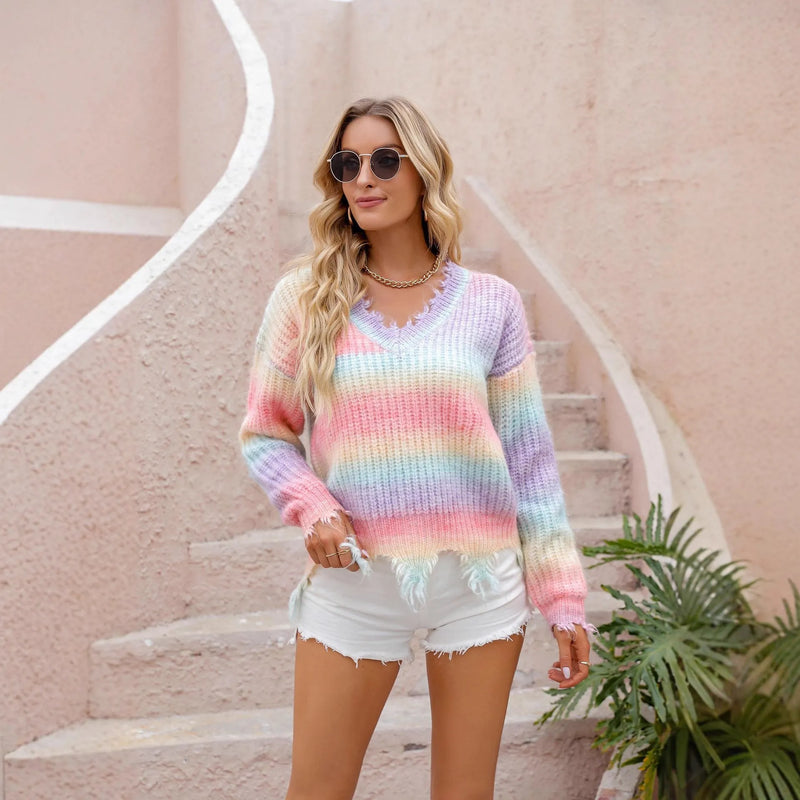Knitted Sweater Loose Cut Tassel Rainbow Pullover Street Fashion Medium Thickness Acrylic Blend Pullover Sweater