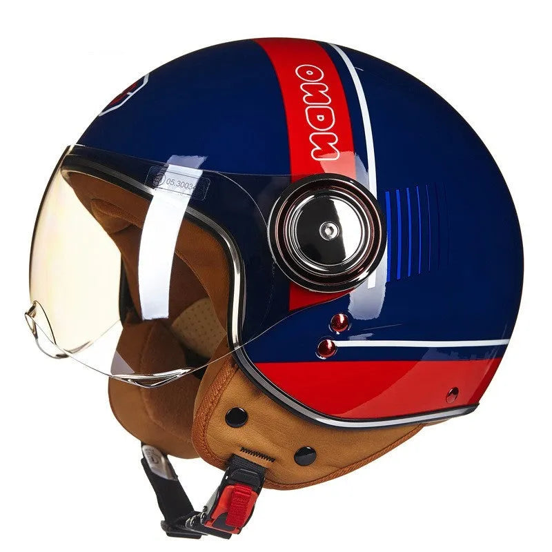 Retro style battery car half helmet in bright two-tone colours with ABS shell