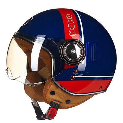 Retro style battery car half helmet in bright two-tone colours with ABS shell